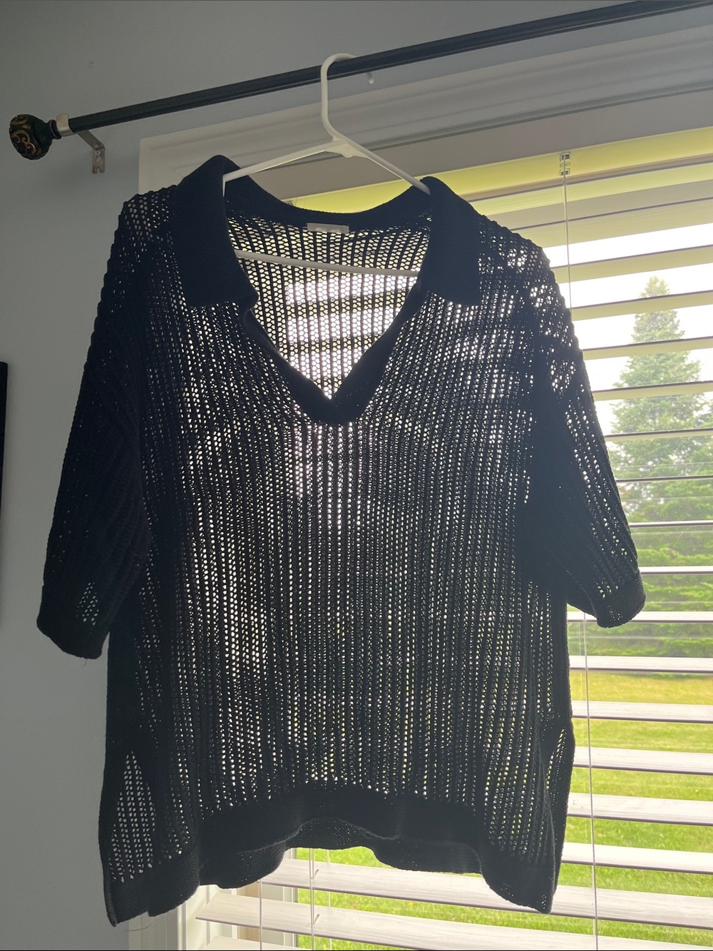 Black Open-Knit Collared V-Neck Sweater